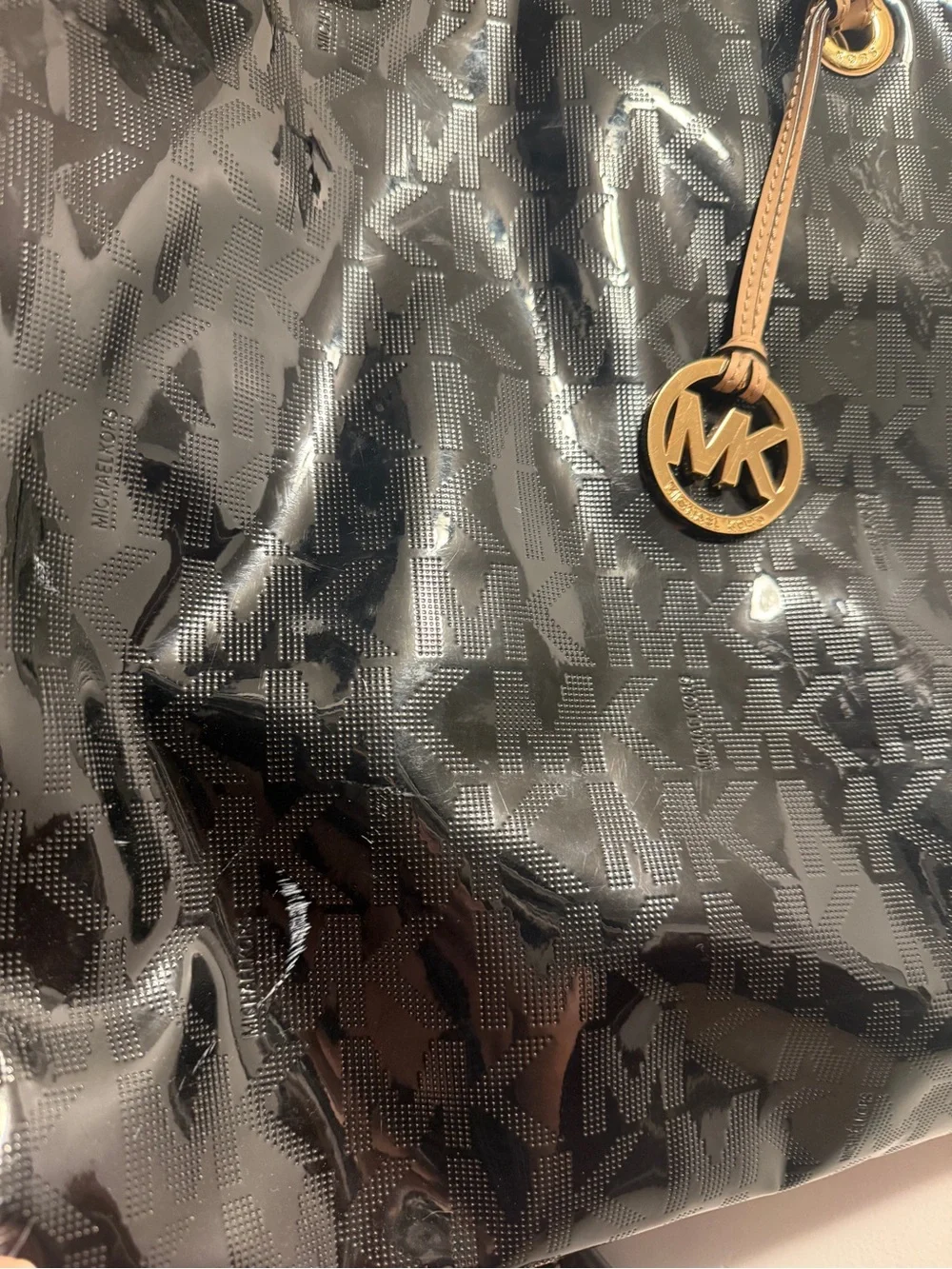 Michael Kors Black Patent Tote with Tan Straps and Gold MK Charm